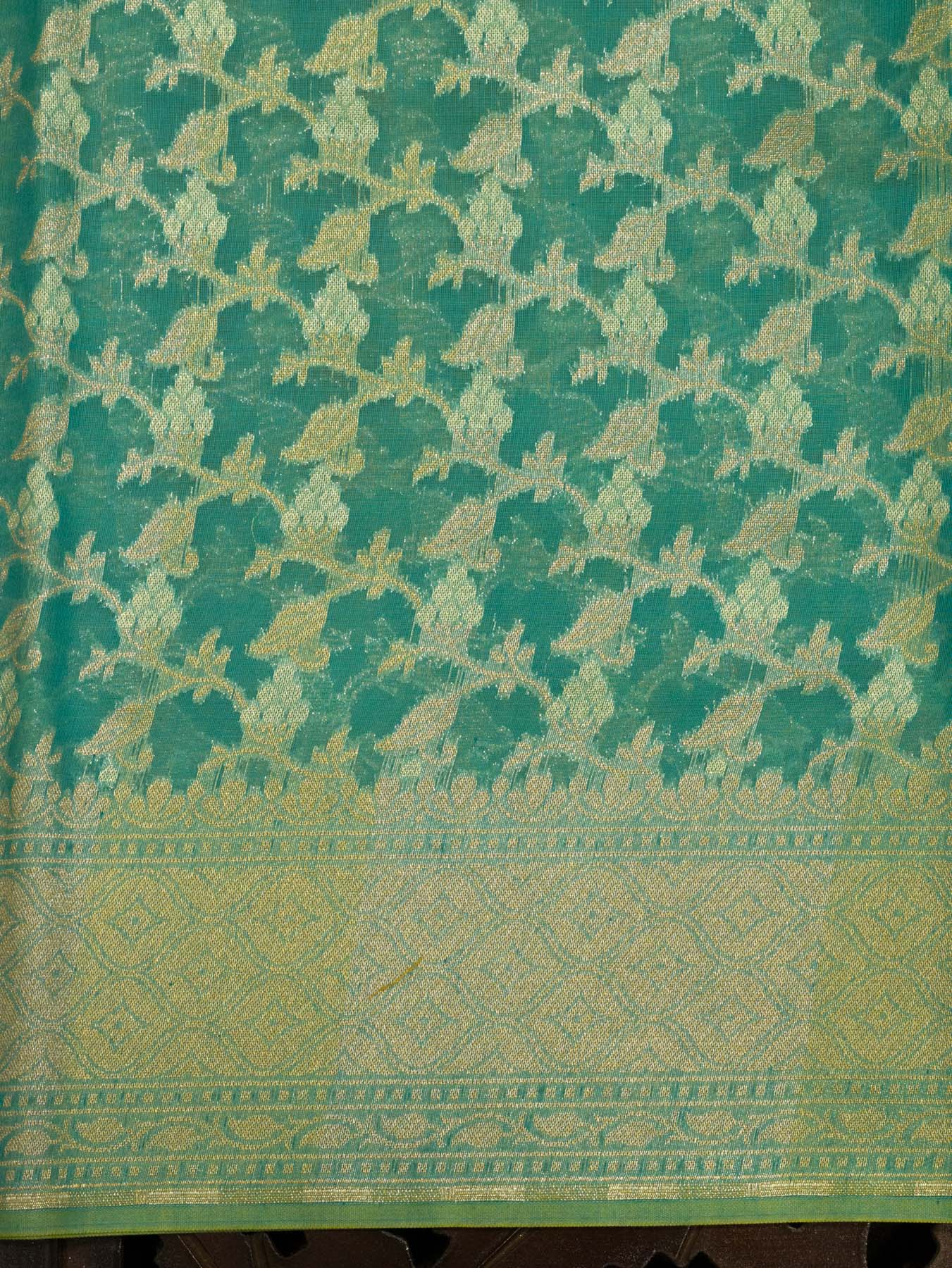 Light Firozi Blue Cotton Viscose Jamdani Khaddi Saree with Silver & Gold Zari Jaal