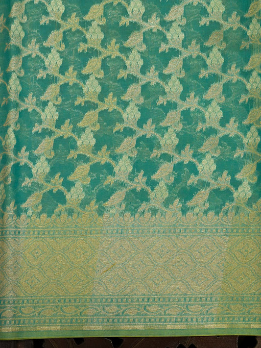 Light Firozi Blue Cotton Viscose Jamdani Khaddi Saree with Silver & Gold Zari Jaal