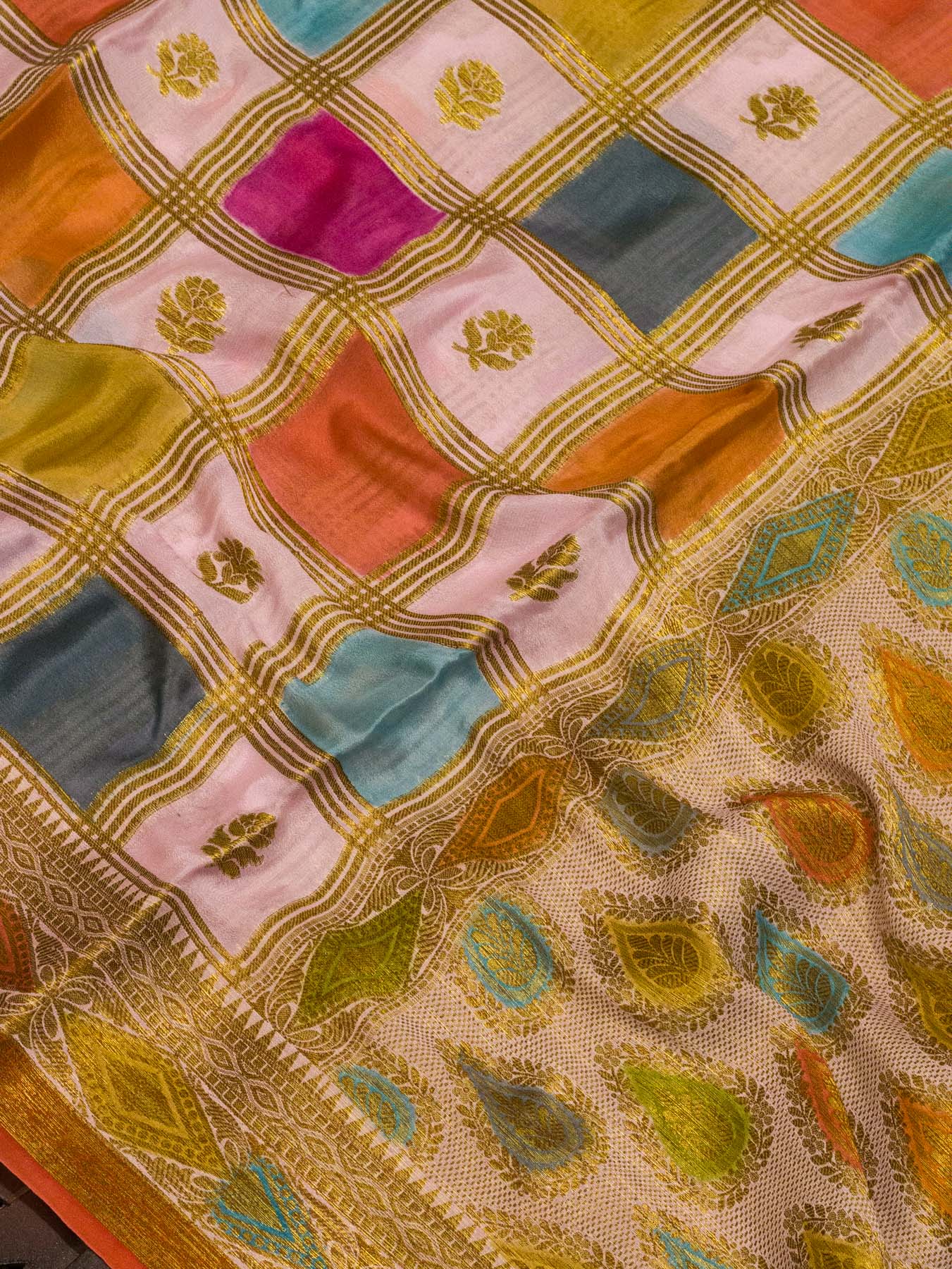 Multicolor Pink Pure Georgette Silk Saree with Hand Brush Work & Antique Zari Weaving