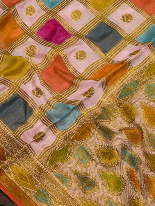 Multicolor Pink Pure Georgette Silk Saree with Hand Brush Work & Antique Zari Weaving
