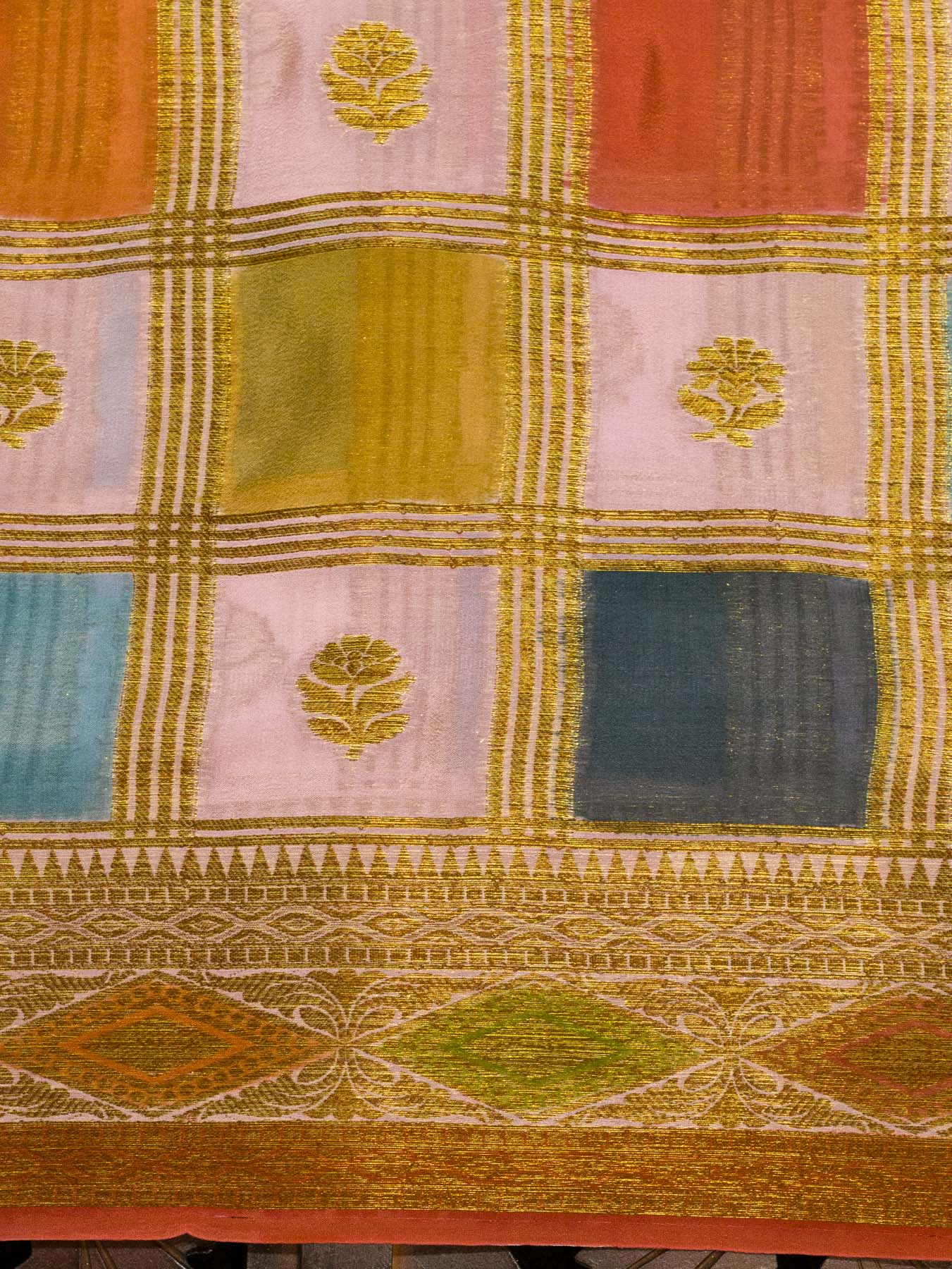 Multicolor Pink Pure Georgette Silk Saree with Hand Brush Work & Antique Zari Weaving