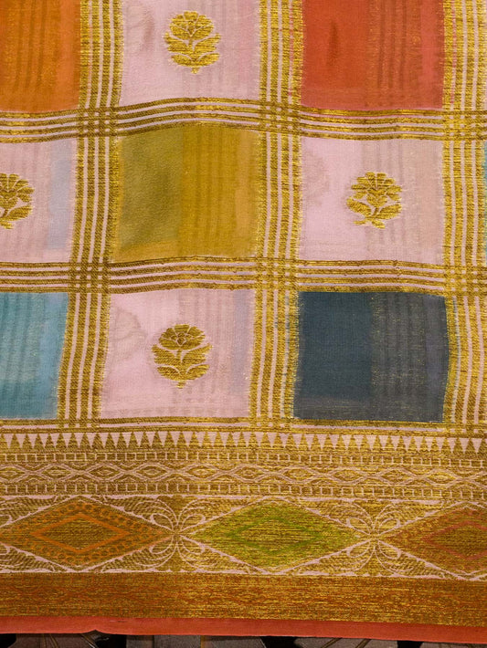 Multicolor Pink Pure Georgette Silk Saree with Hand Brush Work & Antique Zari Weaving