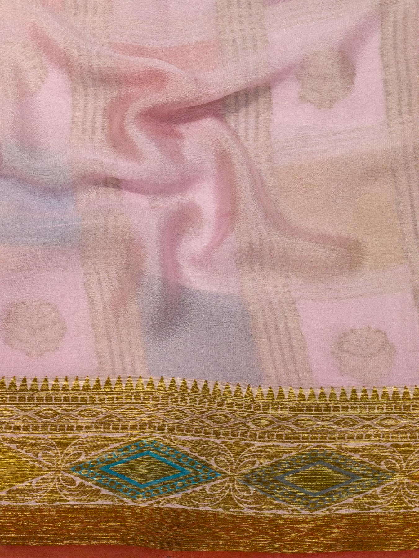 Multicolor Pink Pure Georgette Silk Saree with Hand Brush Work & Antique Zari Weaving