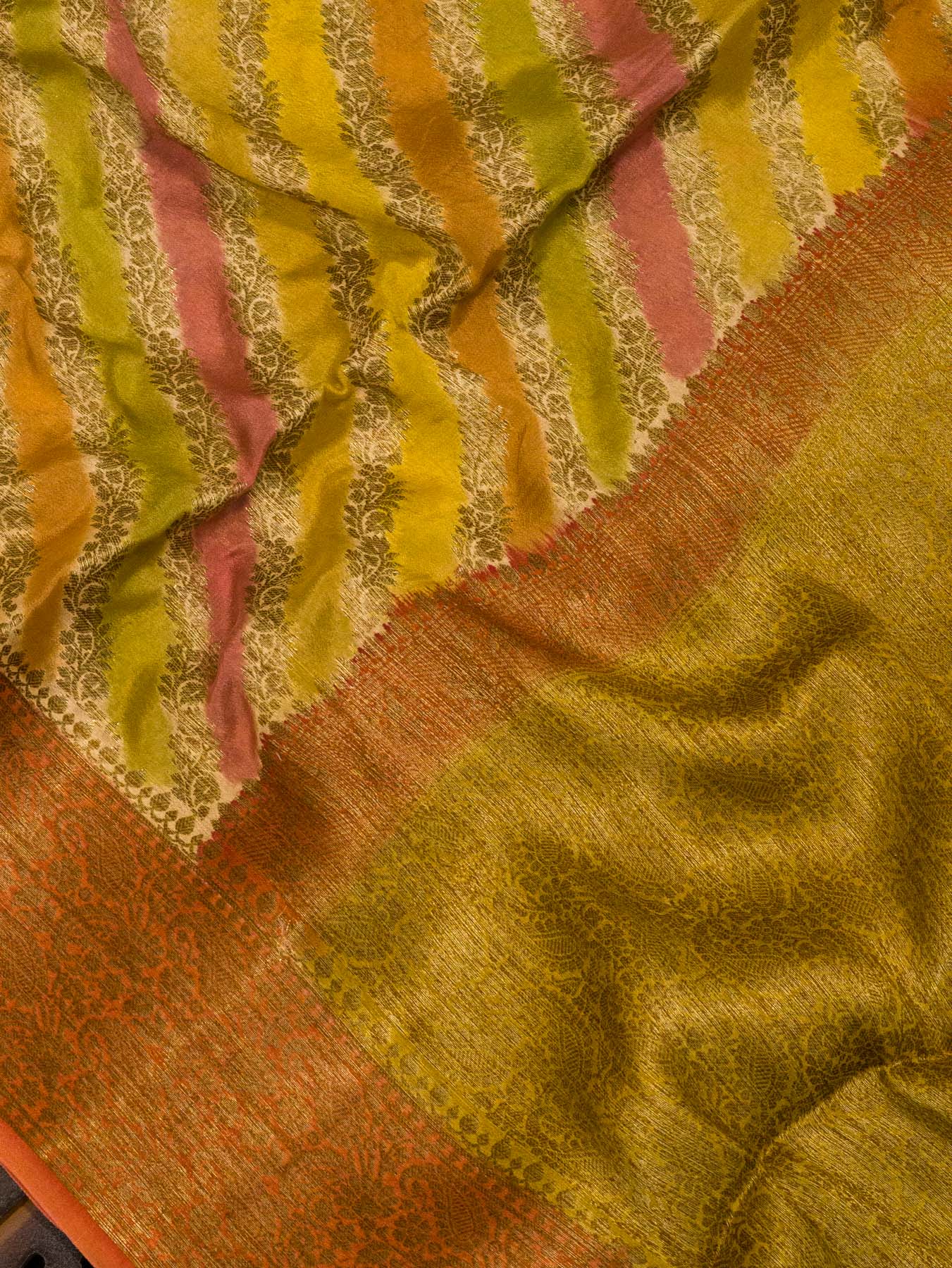 Multicolor Yellow Pure Georgette Silk Saree with Hand Brush Work & Antique Zari Weaving