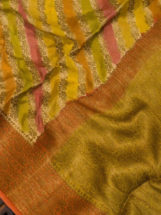 Multicolor Yellow Pure Georgette Silk Saree with Hand Brush Work & Antique Zari Weaving