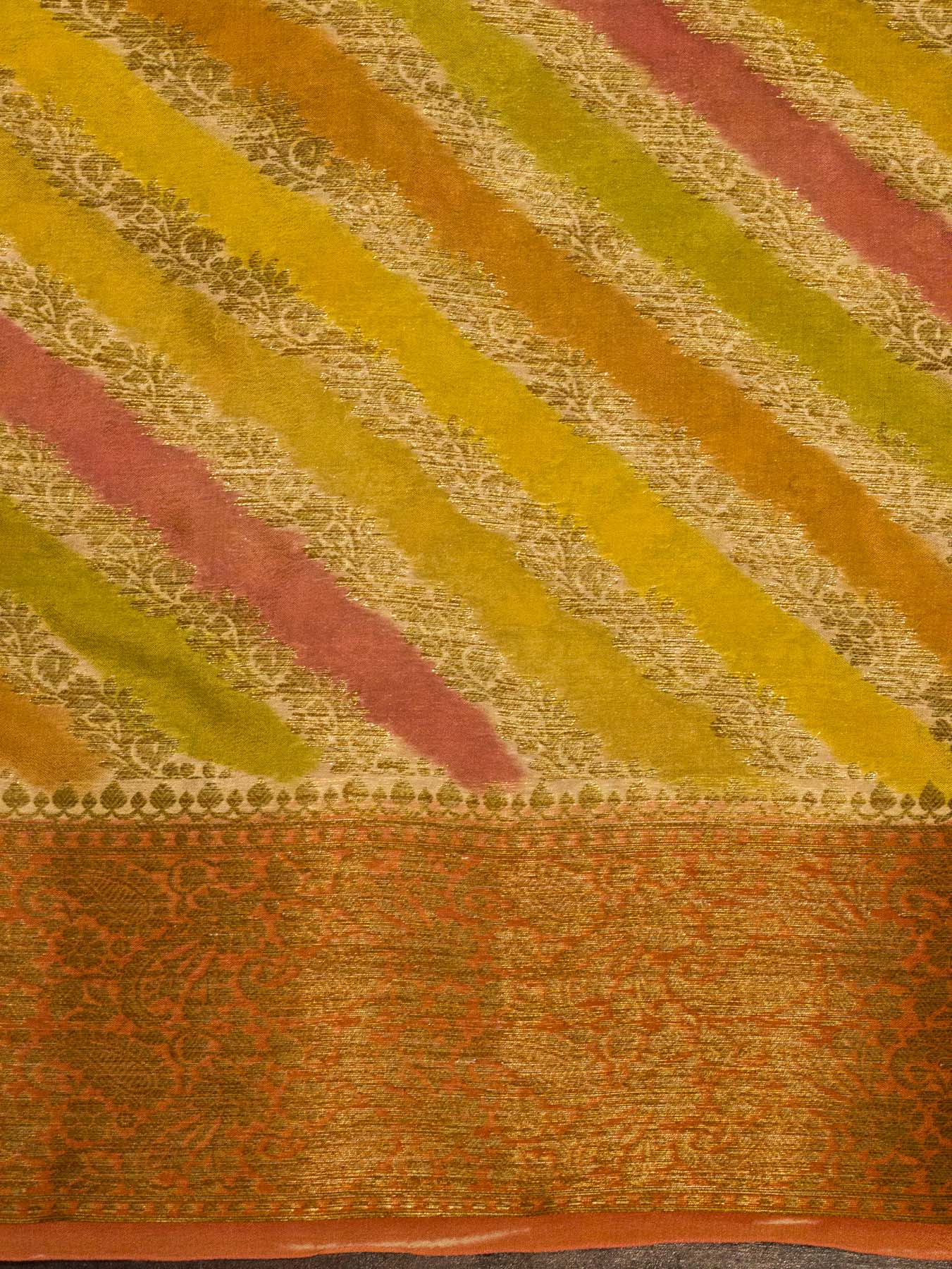 Multicolor Yellow Pure Georgette Silk Saree with Hand Brush Work & Antique Zari Weaving