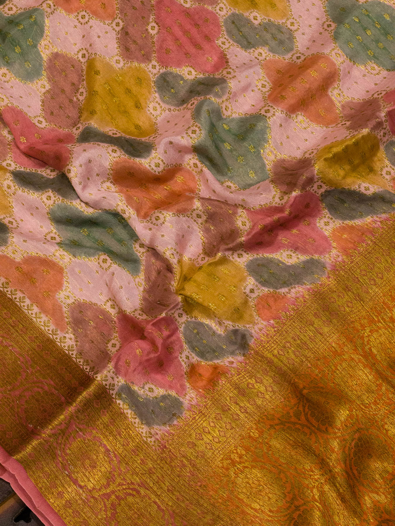 Multicolor Peach Pure Georgette Silk Saree with Hand Brush Work & Antique Zari Weaving