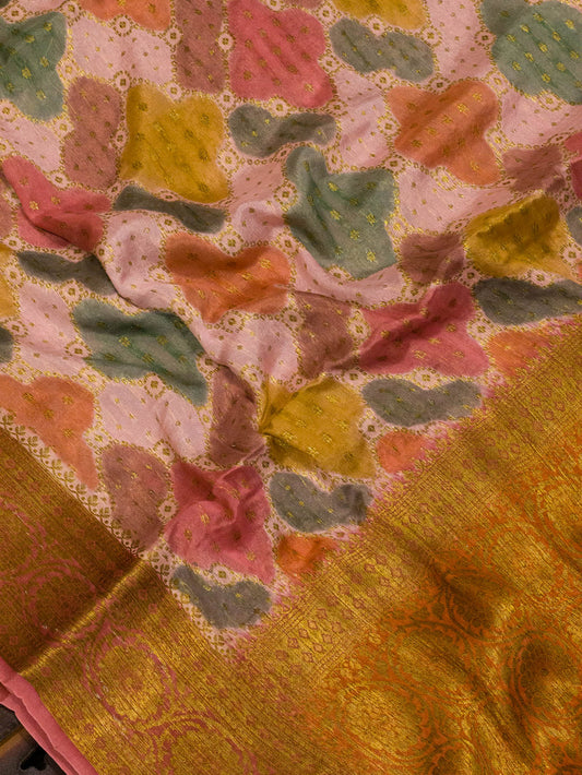 Multicolor Peach Pure Georgette Silk Saree with Hand Brush Work & Antique Zari Weaving
