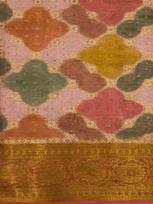 Multicolor Peach Pure Georgette Silk Saree with Hand Brush Work & Antique Zari Weaving