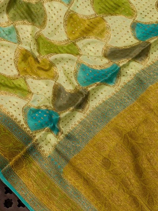 Multicolor Pista Pure Georgette Silk Saree with Hand Brush Work & Antique Zari Weaving