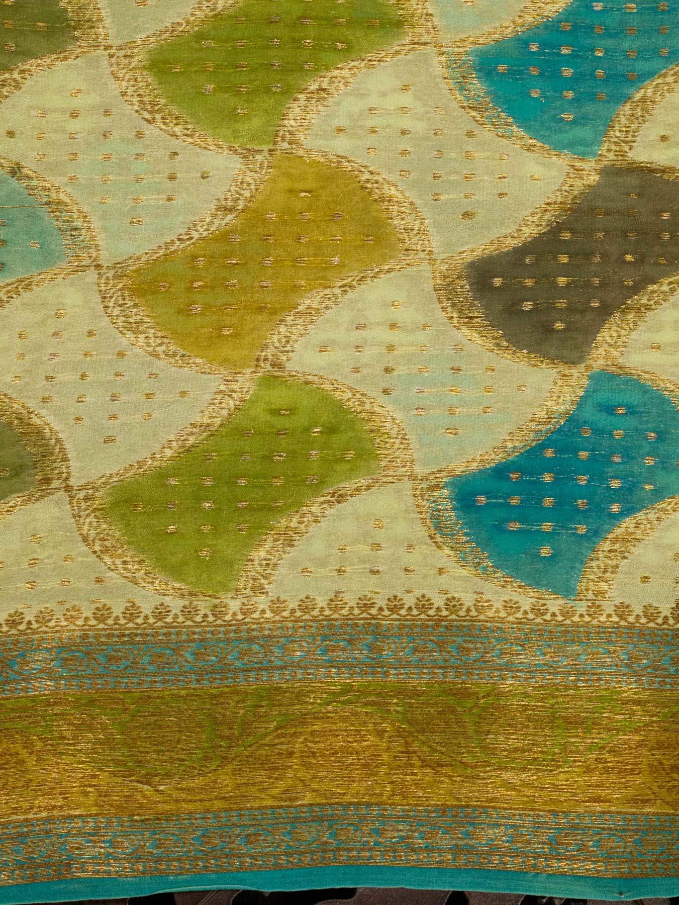 Multicolor Pista Pure Georgette Silk Saree with Hand Brush Work & Antique Zari Weaving