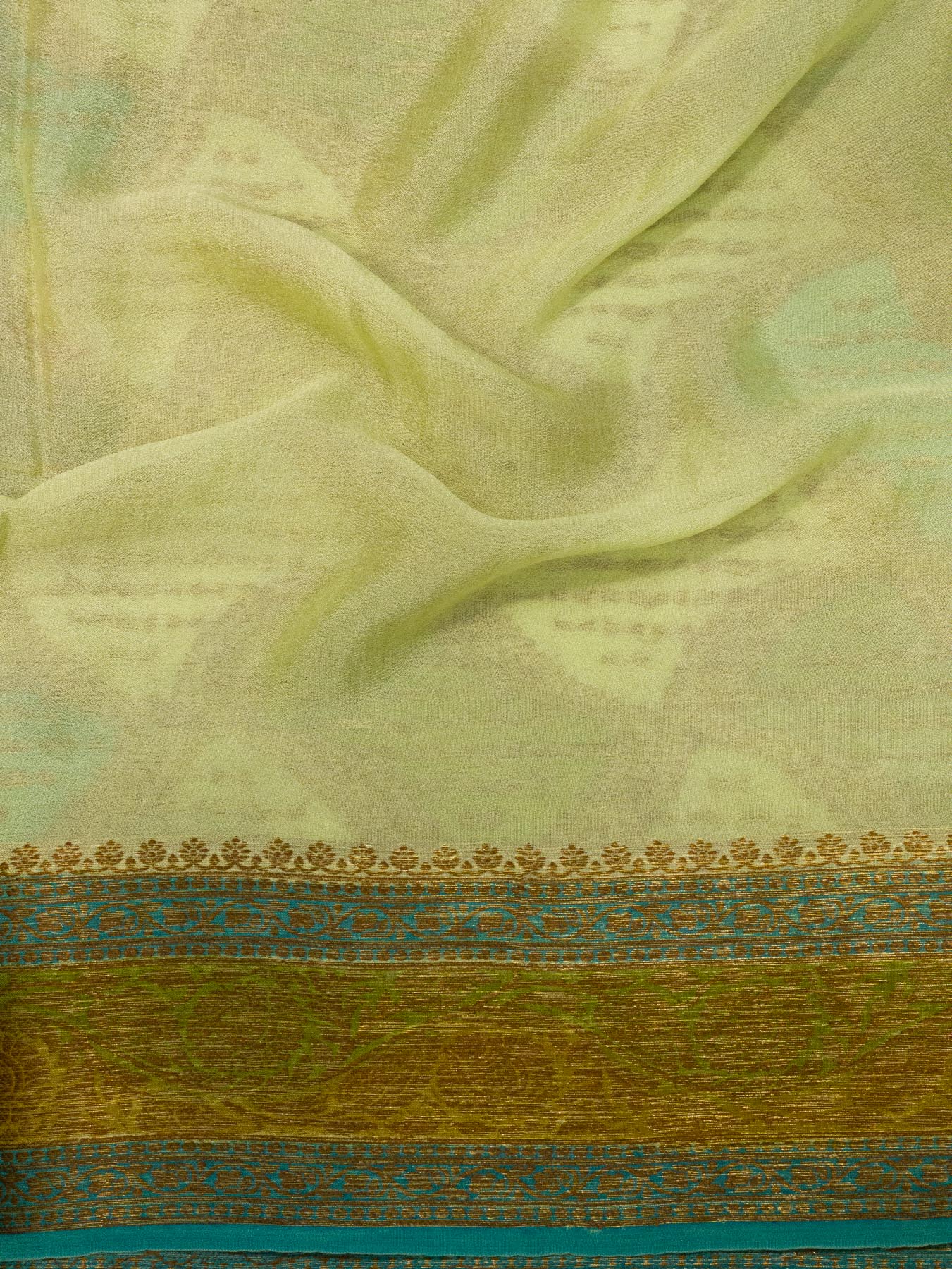 Multicolor Pista Pure Georgette Silk Saree with Hand Brush Work & Antique Zari Weaving