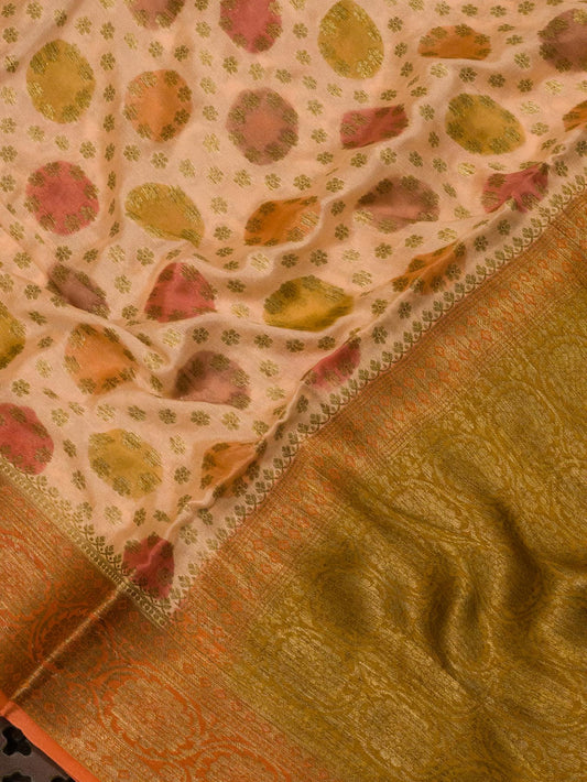 Multicolor Pink Pure Georgette Silk Saree with Hand Brush Work & Antique Zari Weaving