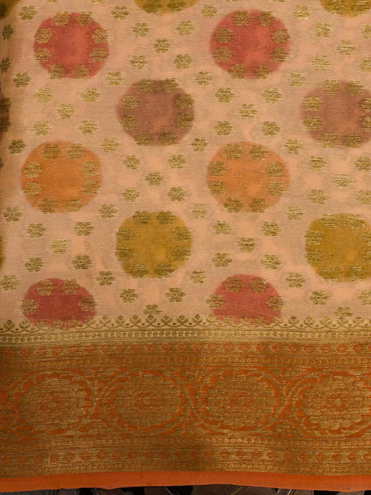Multicolor Pink Pure Georgette Silk Saree with Hand Brush Work & Antique Zari Weaving