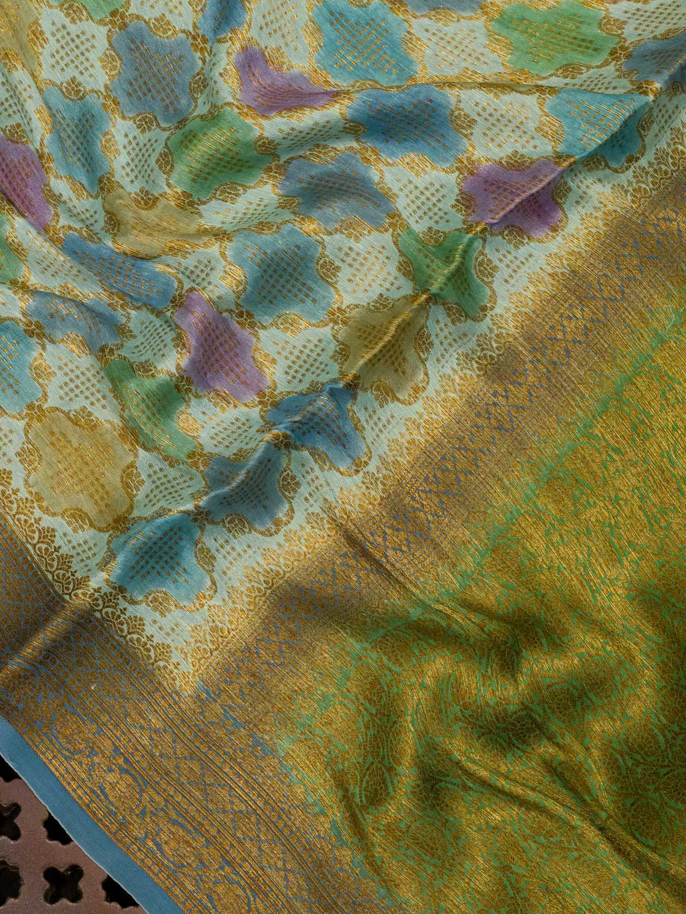 Multicolor Turquoise Pure Georgette Silk Saree with Hand Brush Work & Antique Zari Weaving