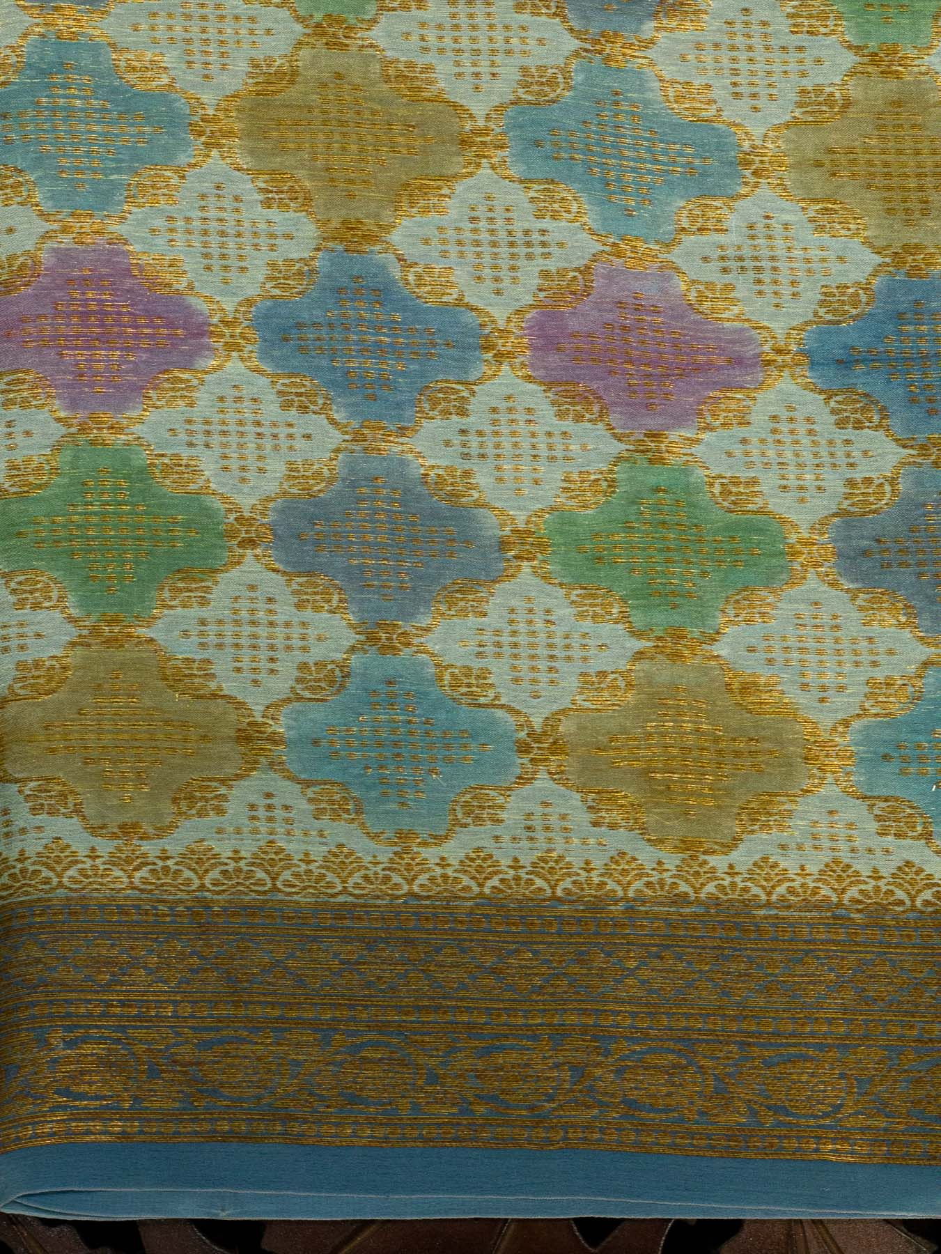 Multicolor Turquoise Pure Georgette Silk Saree with Hand Brush Work & Antique Zari Weaving