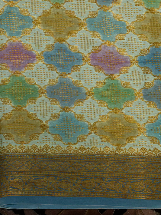 Multicolor Turquoise Pure Georgette Silk Saree with Hand Brush Work & Antique Zari Weaving
