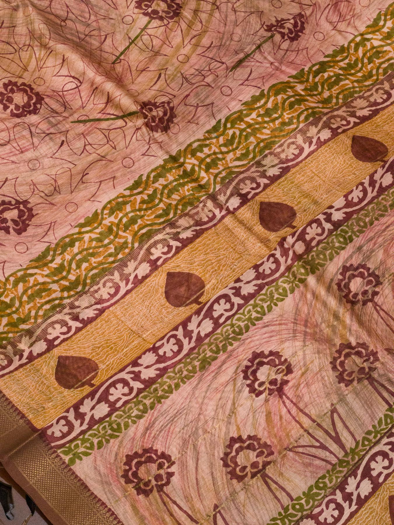 Peach Pure Silk Cotton Chanderi Maheshwari Banarasi Block Print Saree Designer Zari Border