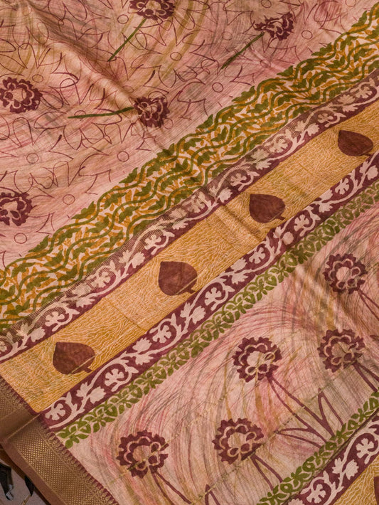 Peach Pure Silk Cotton Chanderi Maheshwari Banarasi Block Print Saree Designer Zari Border