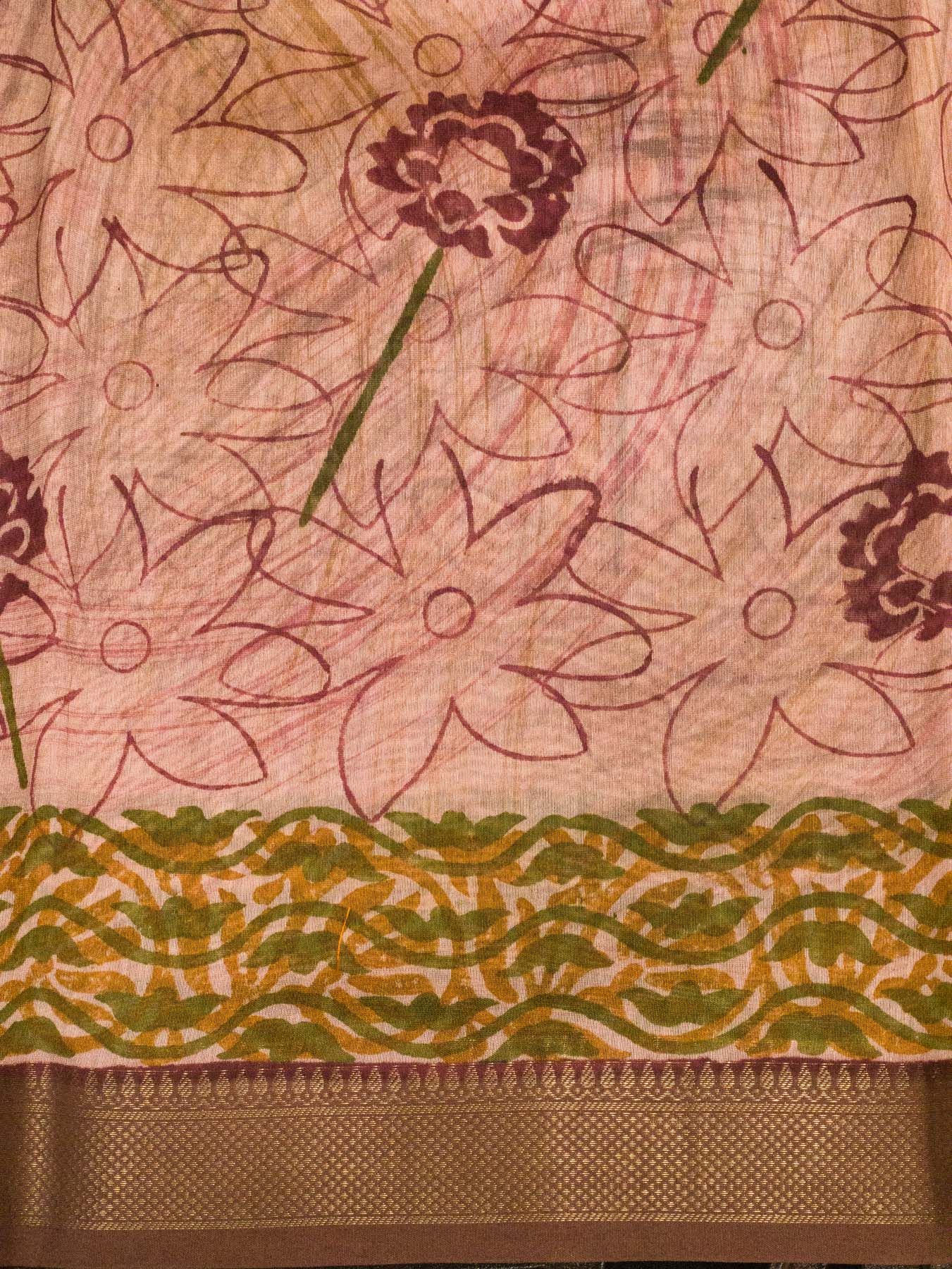 Peach Pure Silk Cotton Chanderi Maheshwari Banarasi Block Print Saree Designer Zari Border