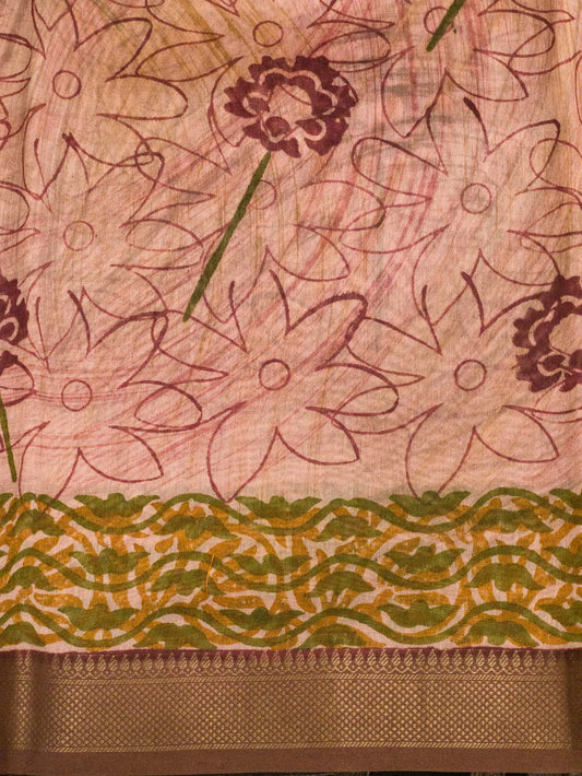 Peach Pure Silk Cotton Chanderi Maheshwari Banarasi Block Print Saree Designer Zari Border