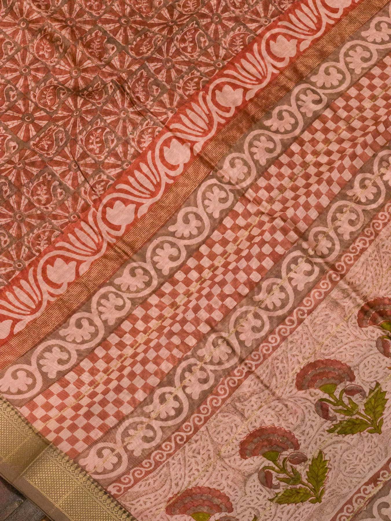 Peach Pure Silk Cotton Chanderi Maheshwari Banarasi Block Print Saree Designer Zari Border