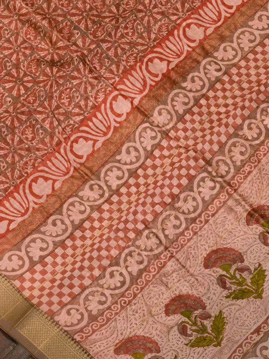 Peach Pure Silk Cotton Chanderi Maheshwari Banarasi Block Print Saree Designer Zari Border