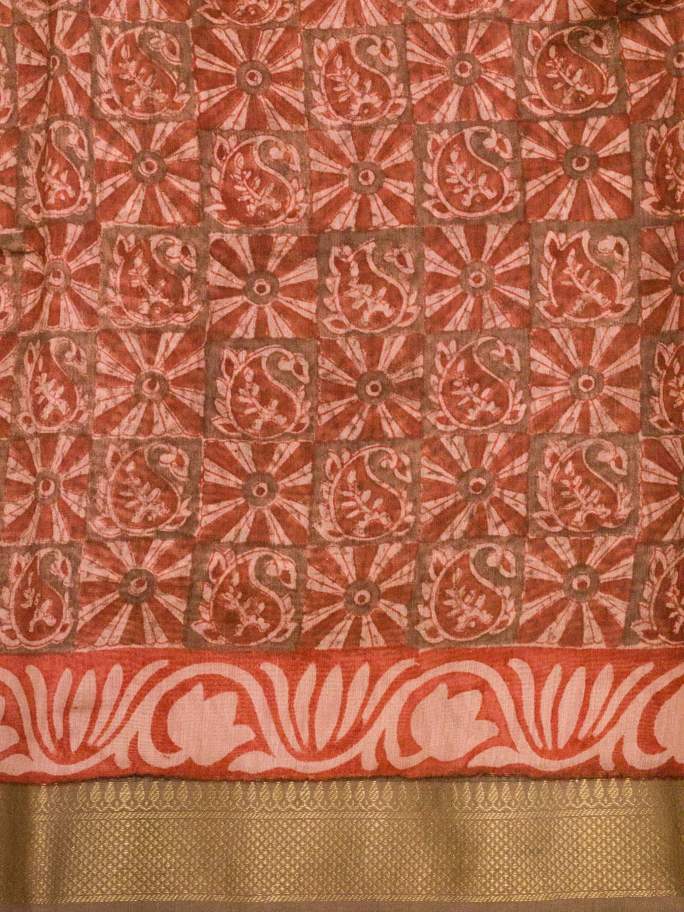Peach Pure Silk Cotton Chanderi Maheshwari Banarasi Block Print Saree Designer Zari Border