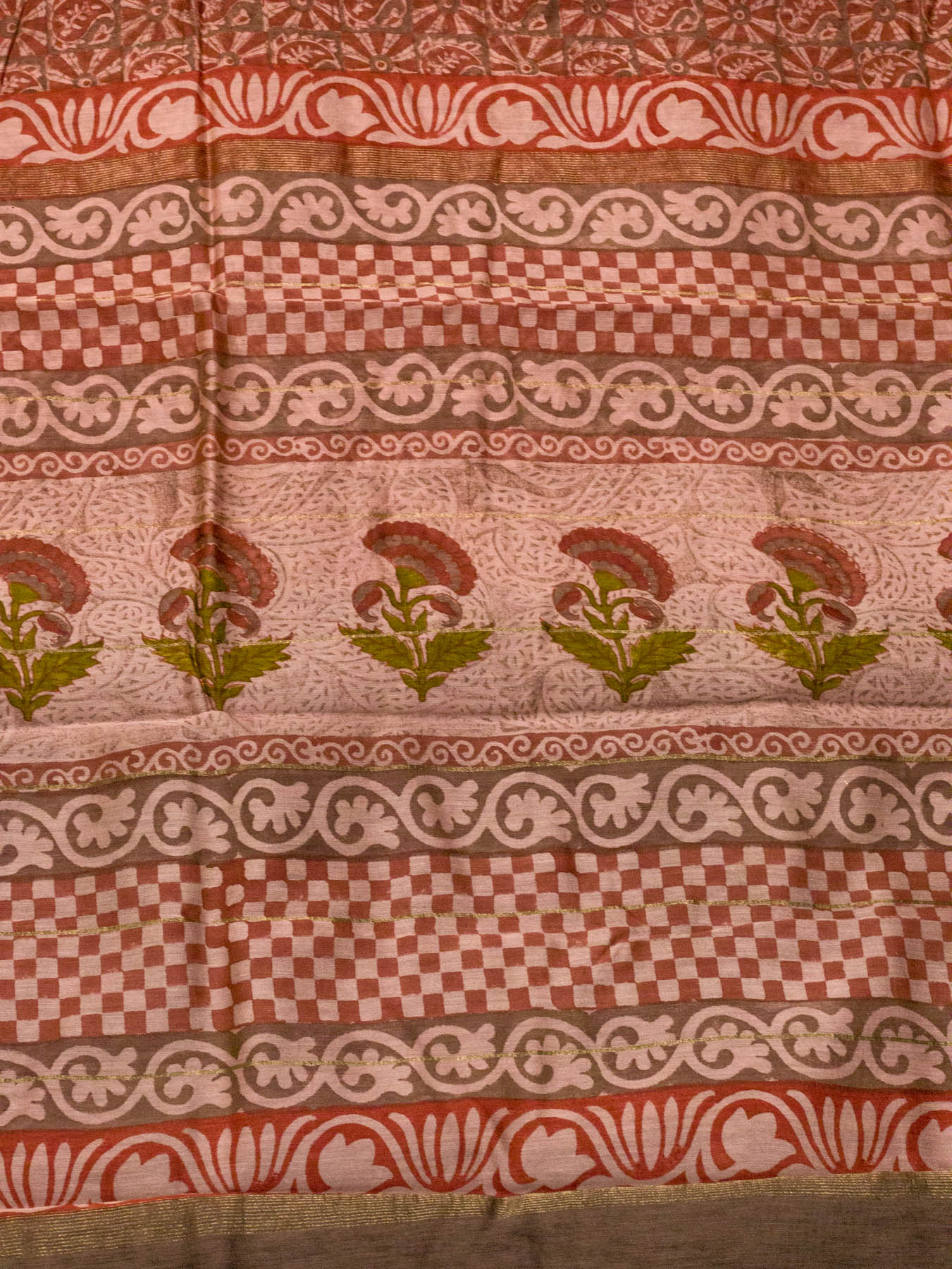 Peach Pure Silk Cotton Chanderi Maheshwari Banarasi Block Print Saree Designer Zari Border