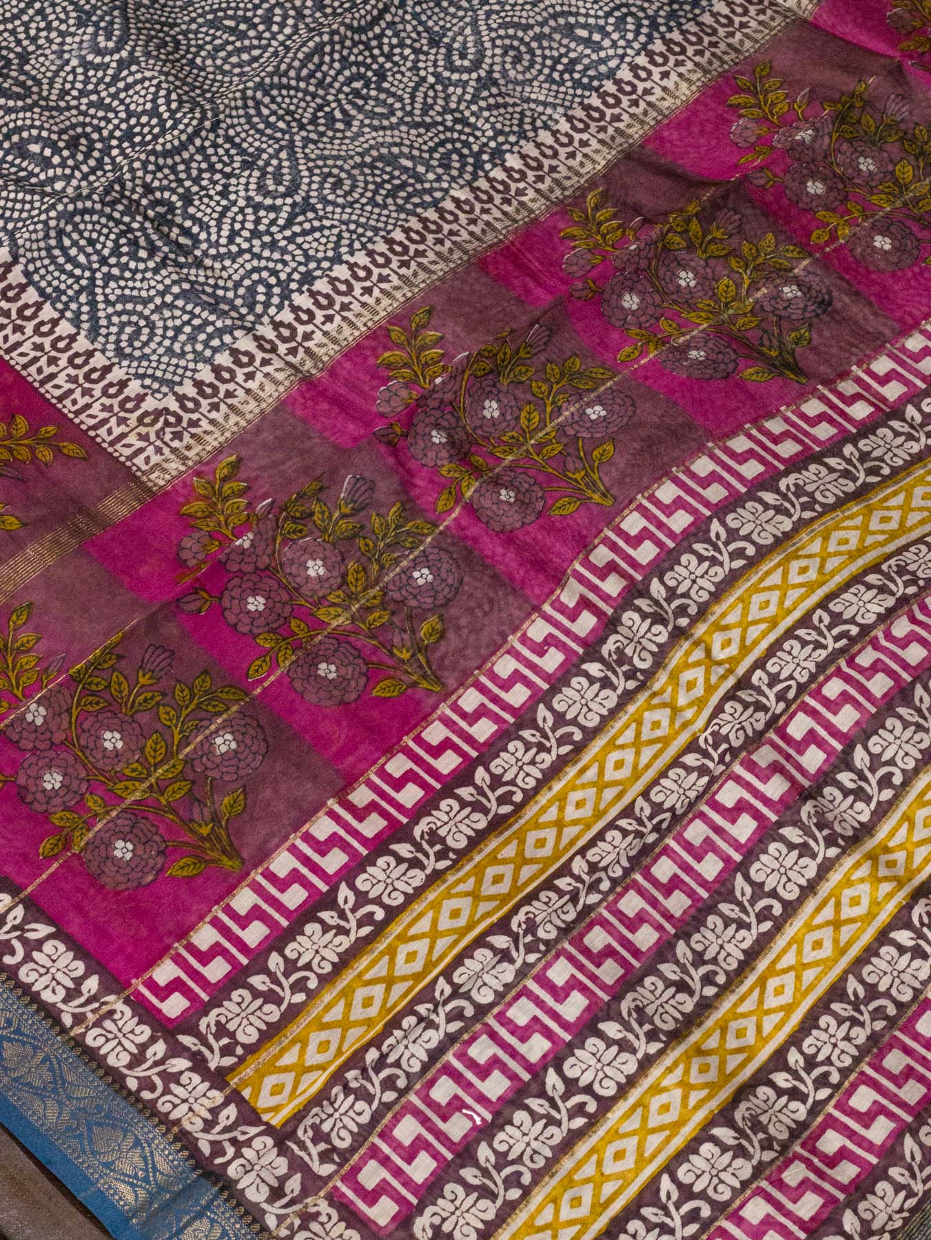 Magenta Pink Pure Silk Cotton Chanderi Maheshwari Banarasi Block Print Saree Designer Zari Border