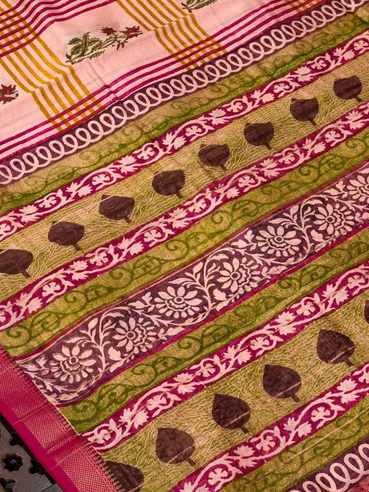 Pink Pure Silk Cotton Chanderi Maheshwari Banarasi Block Print Saree Designer Zari Border