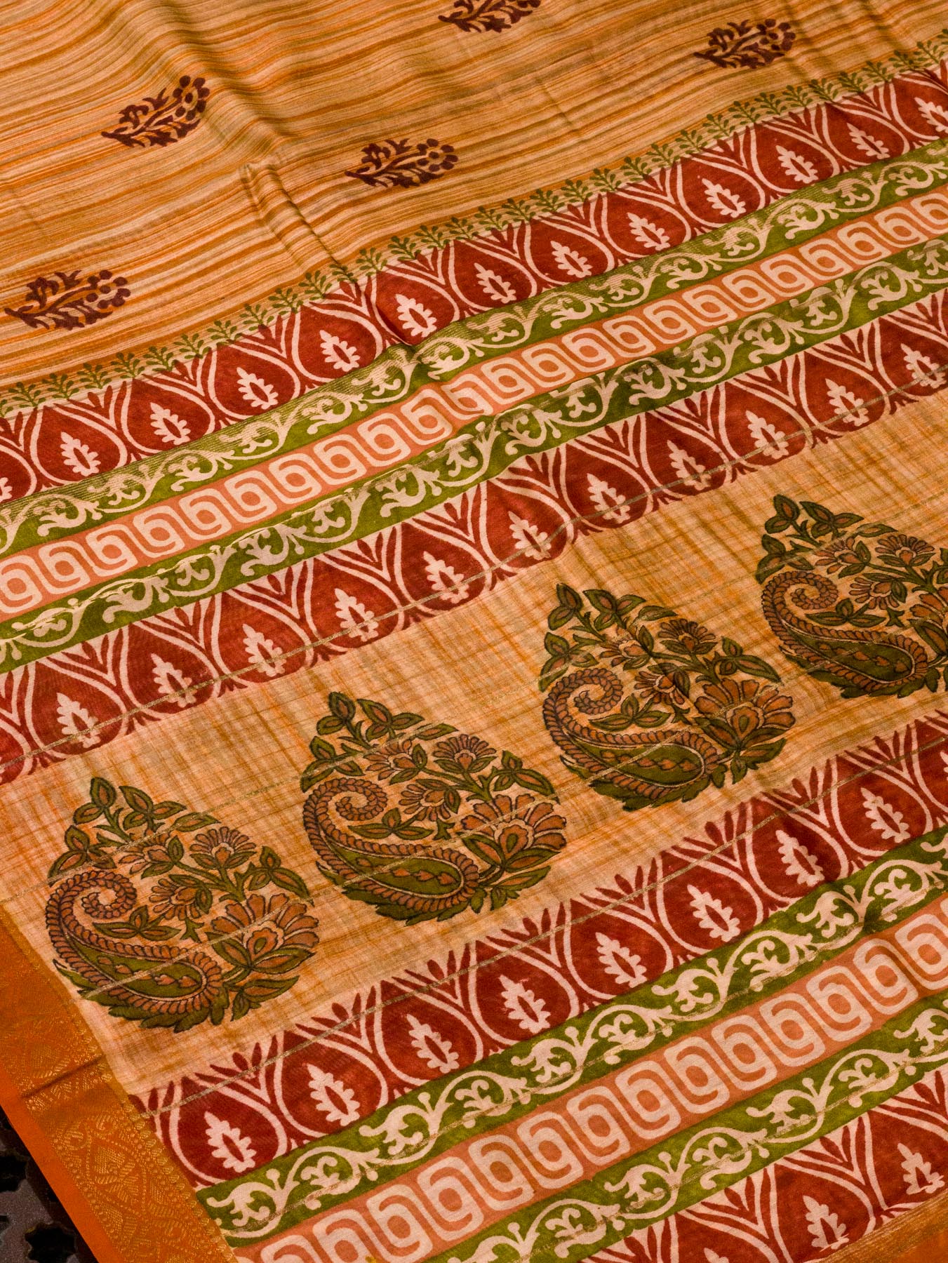 Orange Pure Silk Cotton Chanderi Maheshwari Banarasi Block Print Saree Designer Zari Border