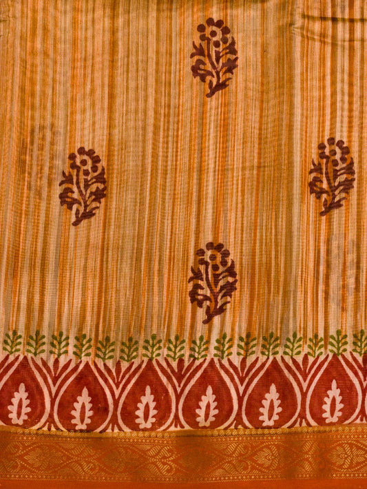Orange Pure Silk Cotton Chanderi Maheshwari Banarasi Block Print Saree Designer Zari Border