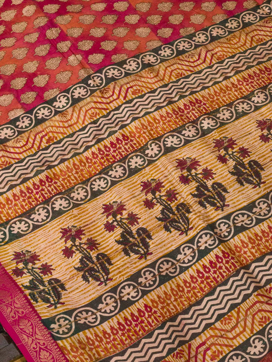 Orange Pink Pure Silk Cotton Chanderi Maheshwari Banarasi Block Print Saree Designer Zari Border