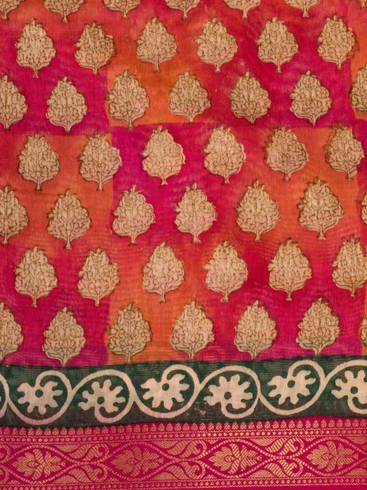 Orange Pink Pure Silk Cotton Chanderi Maheshwari Banarasi Block Print Saree Designer Zari Border