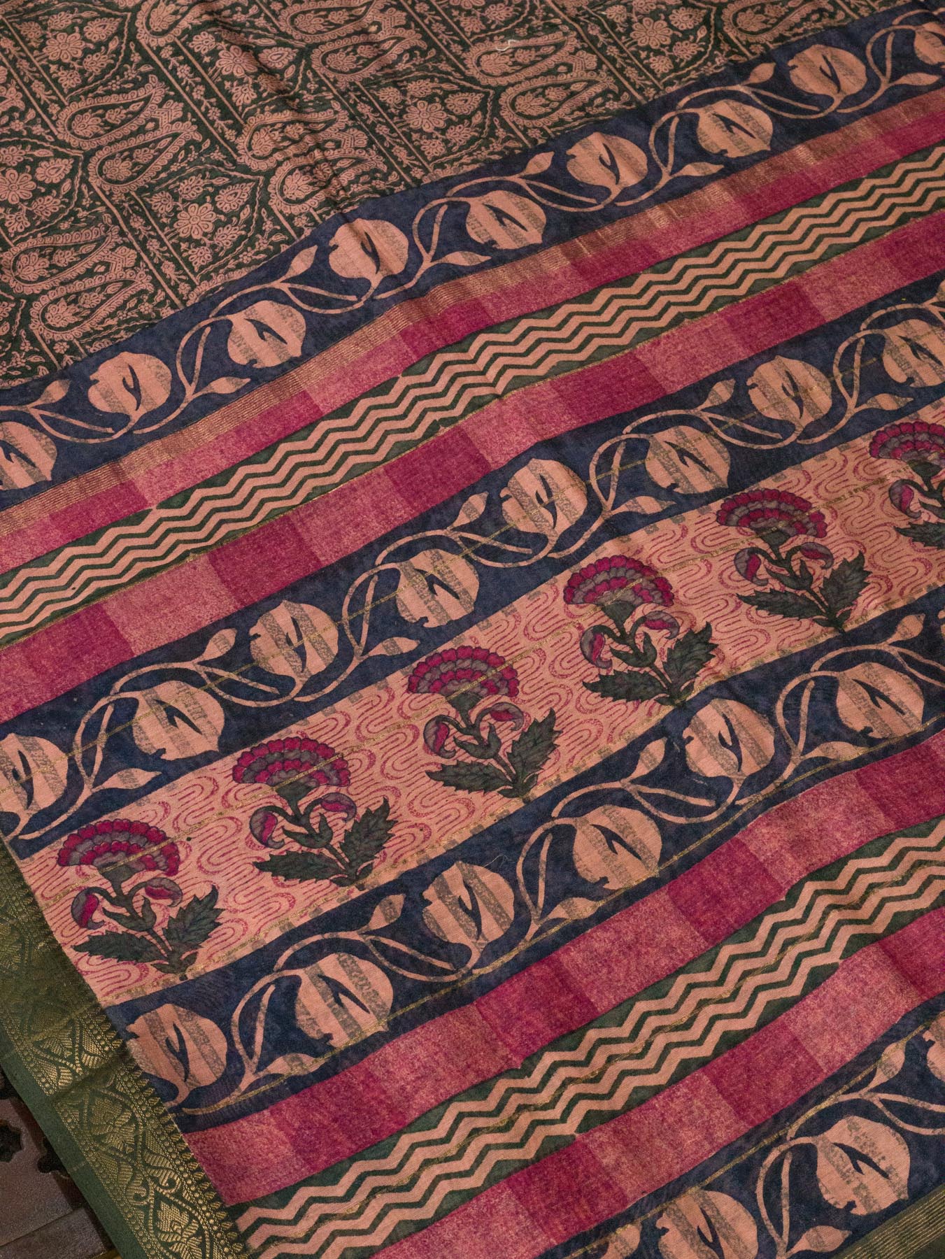 Blue Pink Pure Silk Cotton Chanderi Maheshwari Banarasi Block Print Saree Designer Zari Border