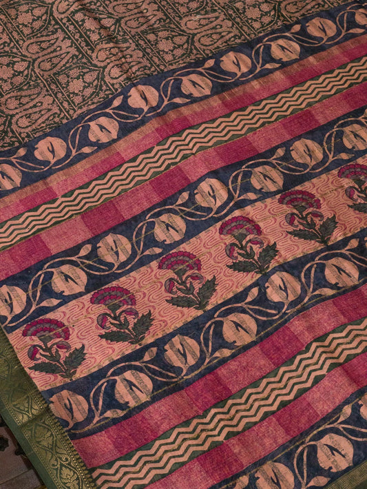Blue Pink Pure Silk Cotton Chanderi Maheshwari Banarasi Block Print Saree Designer Zari Border