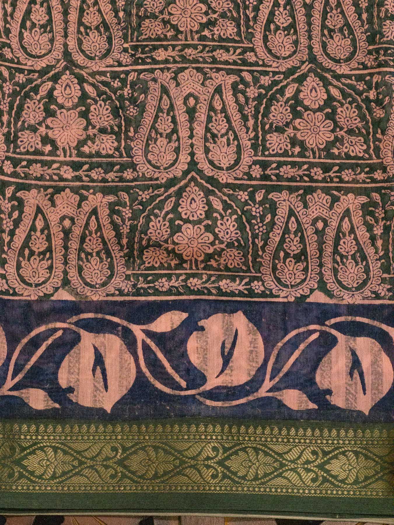 Blue Pink Pure Silk Cotton Chanderi Maheshwari Banarasi Block Print Saree Designer Zari Border
