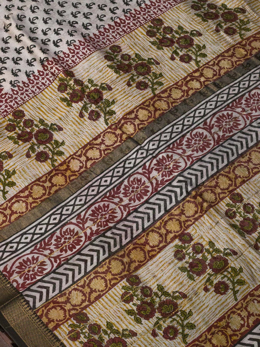 Blue Silk Cotton Chanderi Maheshwari Banarasi Block Print Saree Designer Zari Border