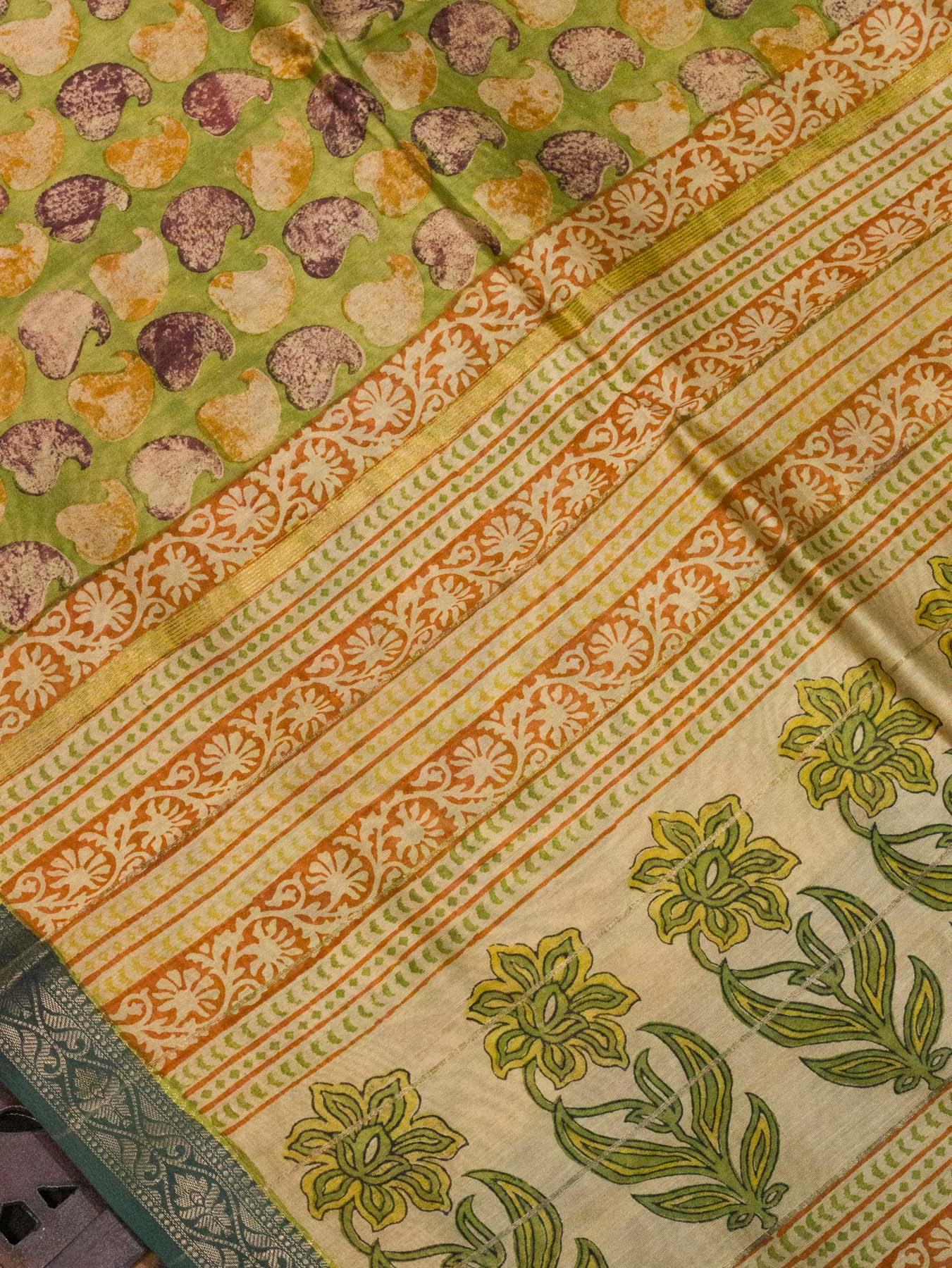 Green Silk Cotton Chanderi Maheshwari Banarasi Block Print Saree Designer Zari Border