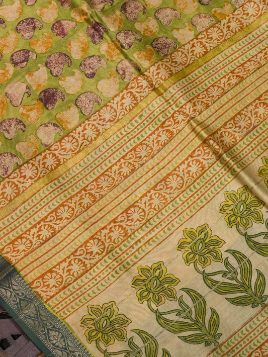 Green Silk Cotton Chanderi Maheshwari Banarasi Block Print Saree Designer Zari Border