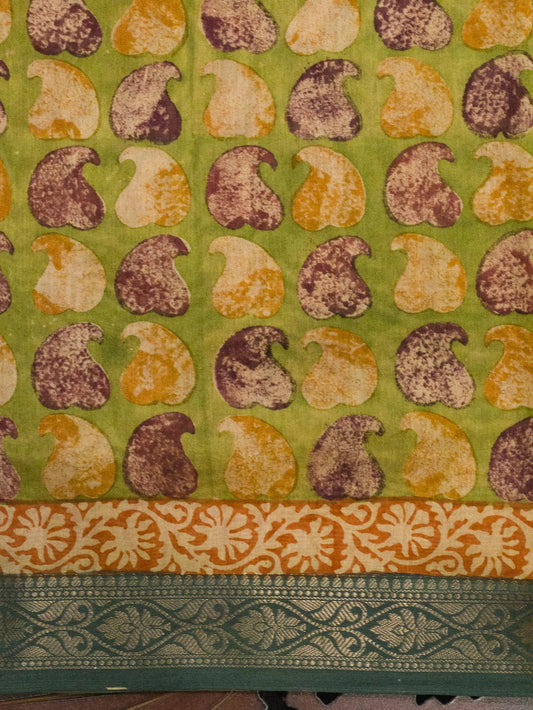 Green Silk Cotton Chanderi Maheshwari Banarasi Block Print Saree Designer Zari Border