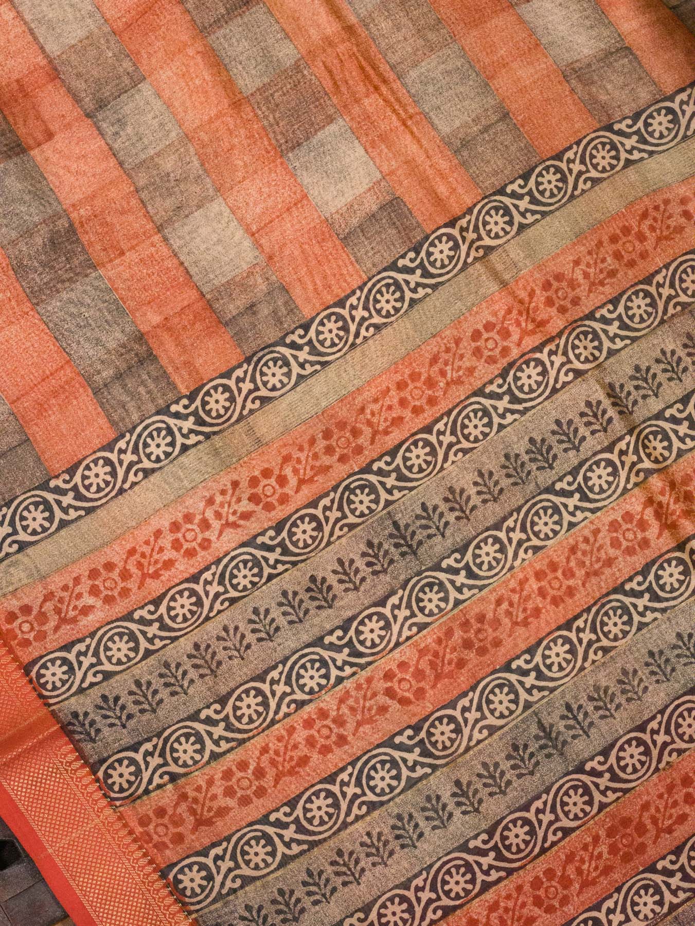 Salmon Peach Silk Cotton Chanderi Maheshwari Banarasi Block Print Saree Designer Zari Border
