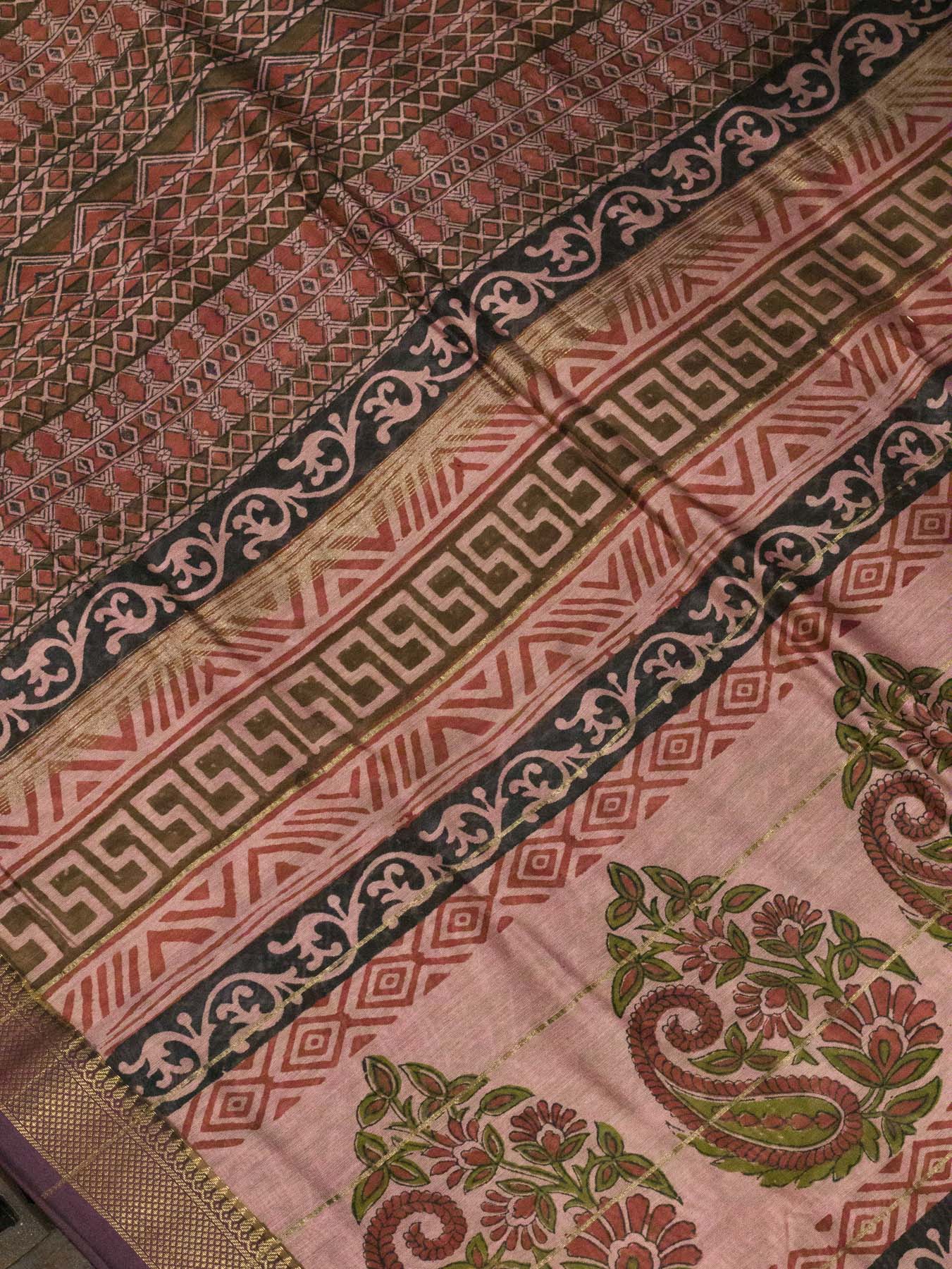 Baby Pink Silk Cotton Chanderi Maheshwari Banarasi Block Print Saree Designer Zari Border