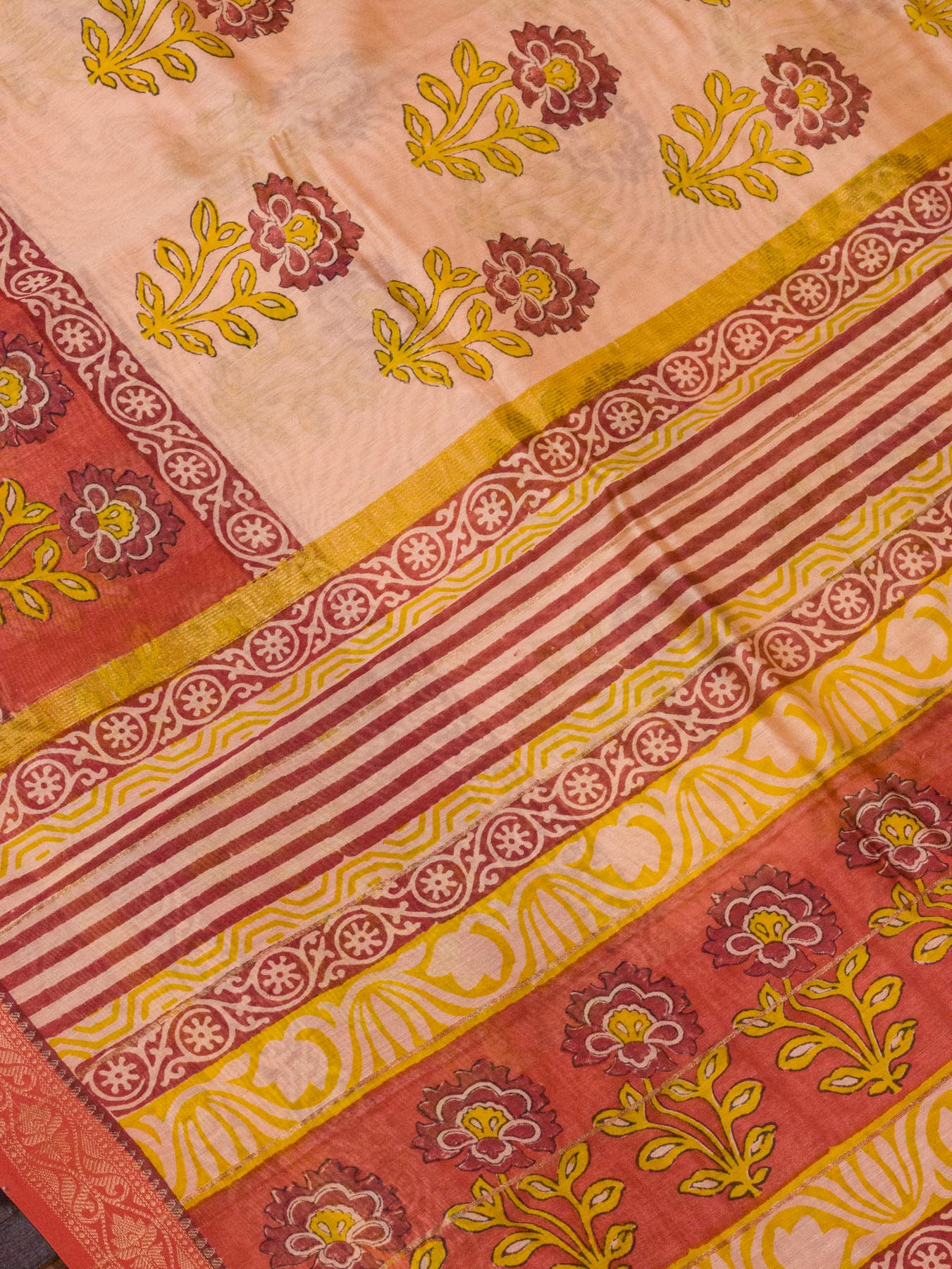 Peach Silk Cotton Chanderi Maheshwari Banarasi Block Print Saree Designer Zari Border