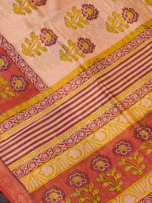 Peach Silk Cotton Chanderi Maheshwari Banarasi Block Print Saree Designer Zari Border