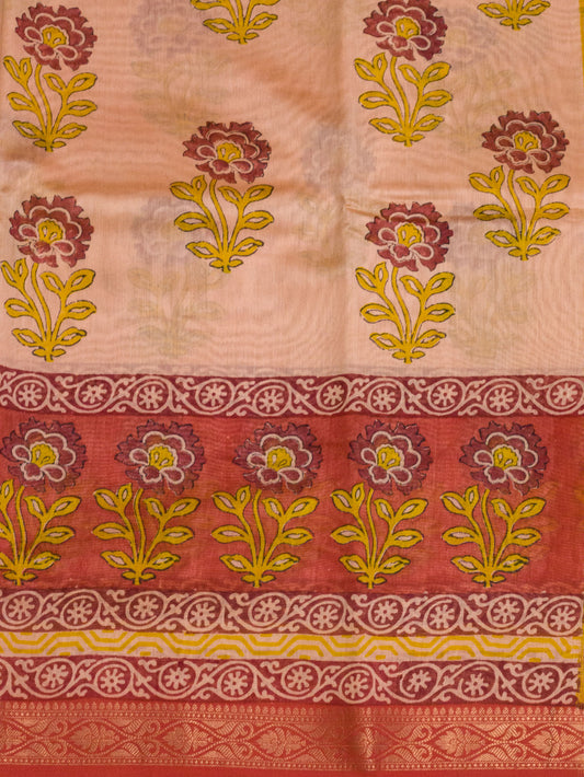 Pure Peach Silk Cotton Chanderi Pink Banarasi Hand Block Print, Reshmi Zari Maheshwari Border - close-up - ZARISPIRE