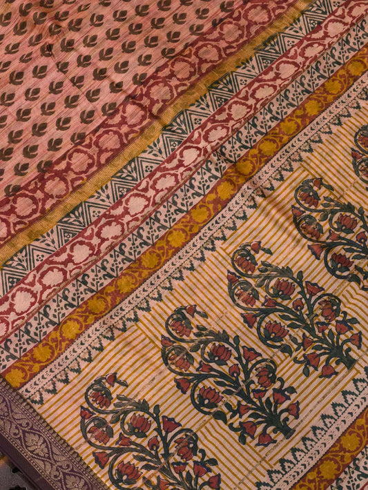 Rose Pink Silk Cotton Chanderi Maheshwari Banarasi Block Print Saree Designer Zari Border