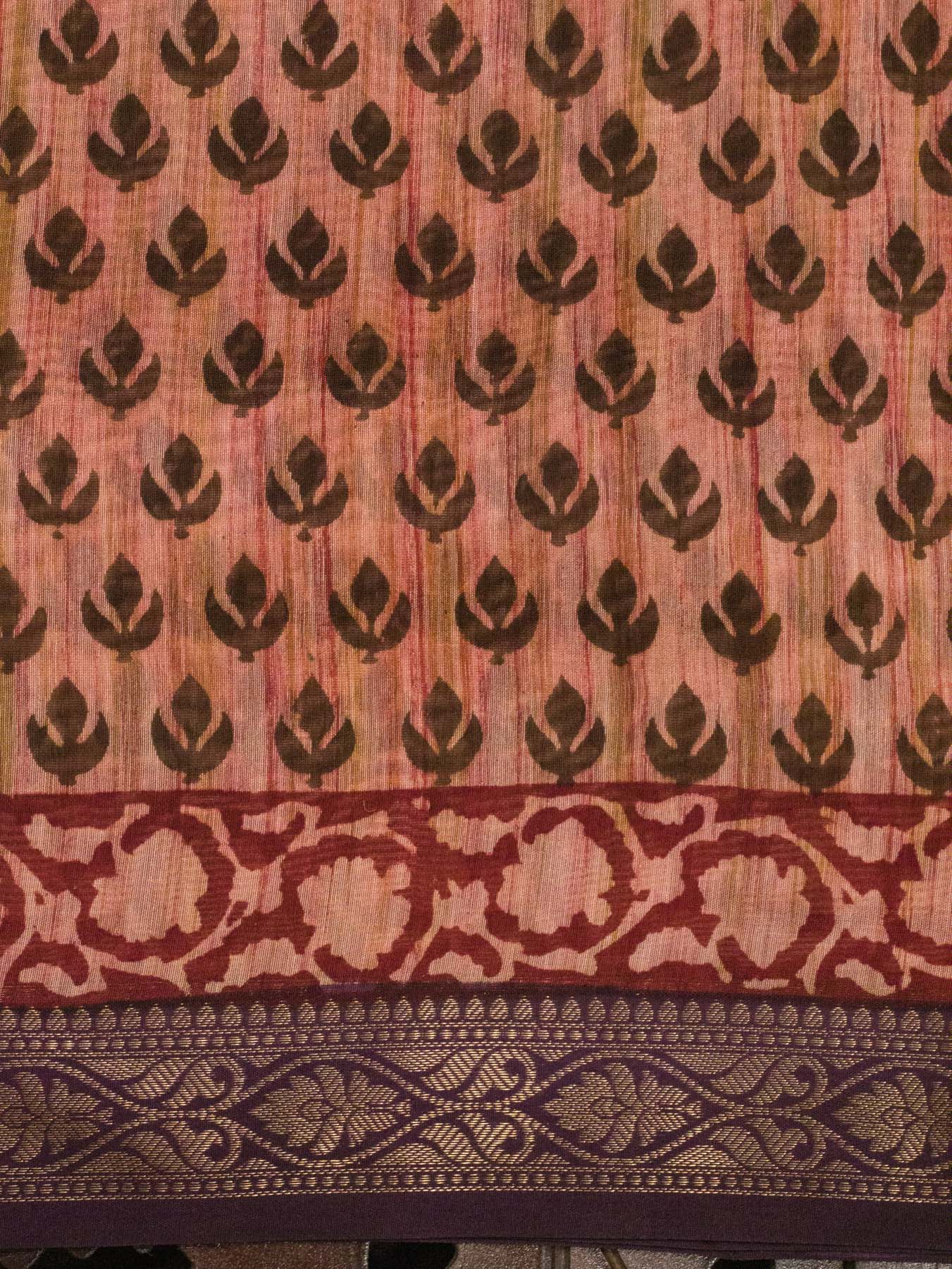Rose Pink Silk Cotton Chanderi Maheshwari Banarasi Block Print Saree Designer Zari Border