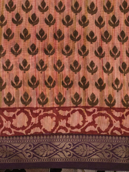 Pure Silk Cotton Chanderi Rose Pink Banarasi Hand Block Print, Reshmi Zari Maheshwari Border - close-up of - ZARISPIRE